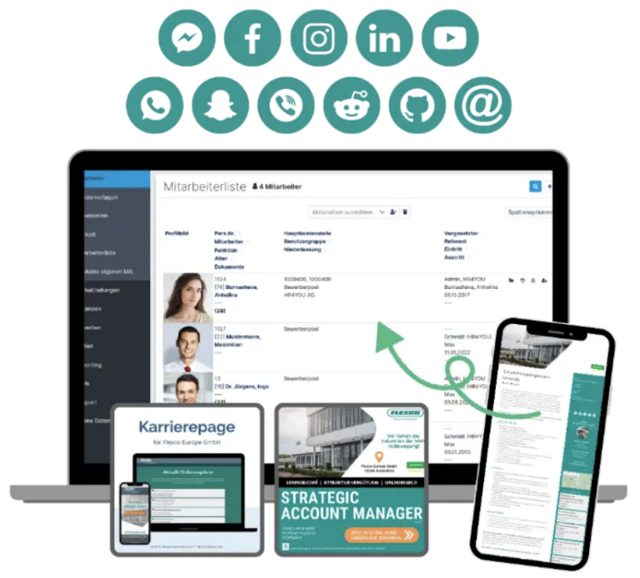 Bewerbermanagement auf Laptop, Karriereseite und Stellenanzeige auf Smartphone